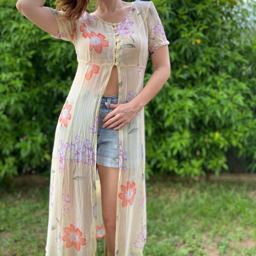 Vintage yellow floral open front long blouse
